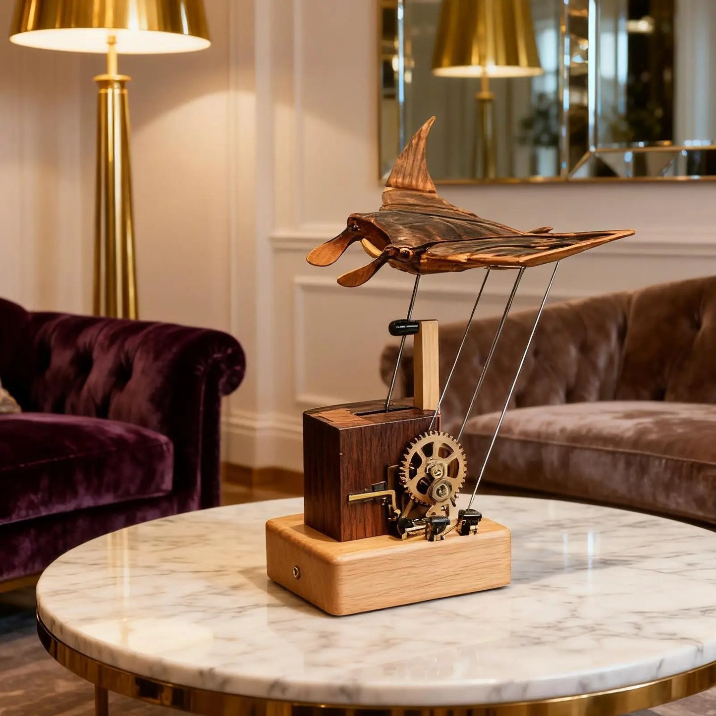 Handcrafted Wooden Manta Ray Automaton